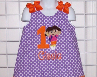 Purple Lavender Polka Dot Dora Applique Orange Monogrammed Age Number A-line Dress - dora birthday party dress - explorer girl dress