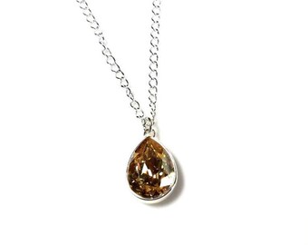 Pear-Shaped Golden Shadow Swarovski Crystal Pendant Choose Silver-Plated OR Sterling Silver Chain Minimalist Amber Jewelry Gifts for Her