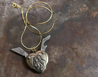 Eternal Love Heart Shaped Pocket Knife Bottle Opener Necklace