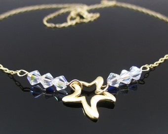 Dainty gold star necklace, Dainty gold necklace with crystal, Necklace with crystal beads, Star necklace, Gold necklace with crystals