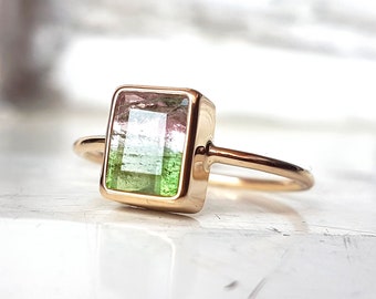 Handmade yellow gold ring with natural bicolor watermelon pink and green tourmaline - tourmaline ring - watermelon tourmaline Ring