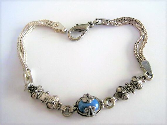 Sterling Turquoise Bracelet, Sterling Double Strand, Caged Set Turquoise Stone, Signed 925, Feminine Tennis Bracelet