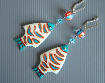 SALE. Fishes earrings. Ostrich eggshell. Pysanky earring