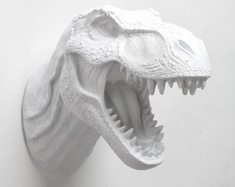 T Rex Head White Dinosaur Wall Mount, The Bronson, Resin T-Rex Head Wall Art White Faux Taxidermy, Dinosaur Head Jurassic Decor
