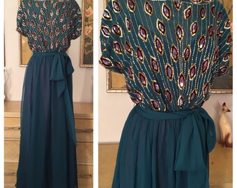 Vintage 1970s Evening Gown by Jack Bryan -- Sheer Chiffon Layers Accented by Shimmering Beads and Sequins!