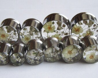 Ear Plugs Real Flower Bridal Wedding Cream Floral Handmade Plugs Gauges 0g 00g 8mm 10mm 12mm 14mm 16mm 19mm 22mm Ready To Ship