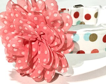 Party Dot Dog Collar - Coral Dog Collar with Flower - Girl Dog Collar - Dog Collar for Girls - Pet Accessories