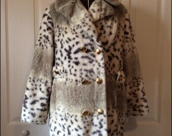 Vintage 1960’s Faux Fur Snow Leopard Double Breasted Pea Coat Jacket