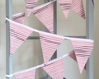 Pink, Grey and Black Stripe Fabric Bunting Garland Flag Decoration - Handmade by BNTNG