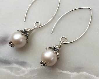 Drop Freshwater Pearl Earrings with Bali Sterling Silver Bead Caps