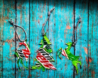 Recycled Mt Dew Soda Can 3-Piece Christmas Ornament Set