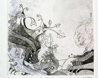 Original Etching**2 colors**BIRDS berries leaves