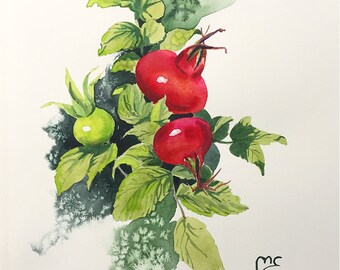 Sweetbrier, Watercolor Sweetbrier, Berry, Kitchen art, Botanical, Kitchen Decor, Original artwork