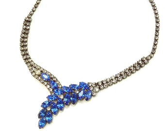 Vintage Rhinestone Necklace Montana Blue Art Deco Bypass Choker
