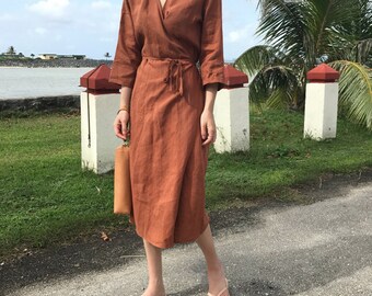 3Colors Organic Linen wrap dress - Linen Kimono Dress- Linen Dress- long sleeve linen wrap dress - Linen Dress - Linen gown - Linen robe