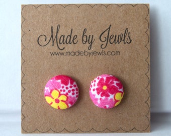 Pink Yellow and Red Floral Fabric Covered Hypoallergenic Button Post Stud Earrings 10mm