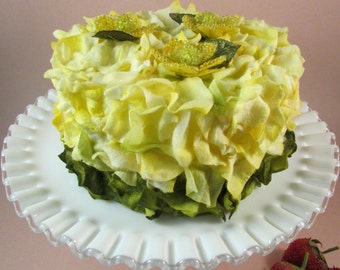 Fake Cake Birthday Cake Lemon Yellow Faux Flower Petal Cake with Beaded Flowers on the Top and a Layer of Green Petals