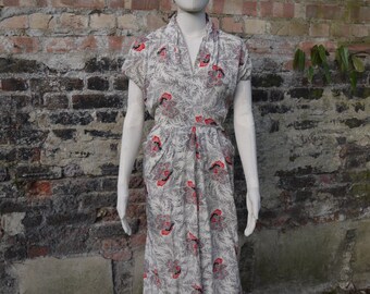 1940s rayon crepe delicate Hawaiian print dress