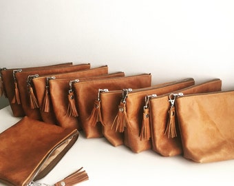 Leather Cosmetic bag / leather make up bag / tan Leather zipper pouch/ leather makeup bag / distressed leather / tan brown clutch