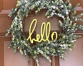 Farmhouse Wreath - Hello Greenery Wreath - Farmhouse Style Wreath - Boxwood Wreath - Faux Boxwood Wreath - Front Door Wreaths. Mothers Day.