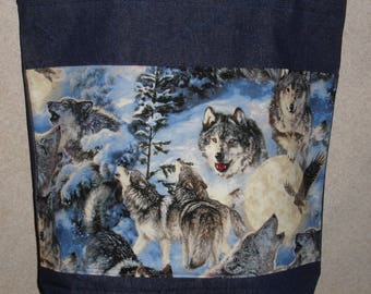 New Large Handmade Denim Wolf Wolves Snow Wildlife Tote Bag