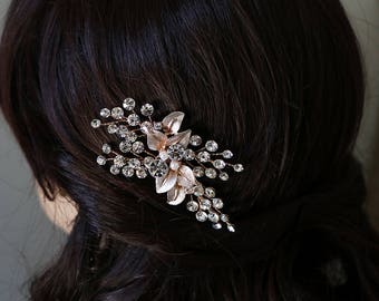 Rose Gold Leaf Hairpin, Swarovski crystal rose gold wedding hair pin, rose gold hair pin, pearl rhinestone hairpin, Aliana Rose Gold Hairpin