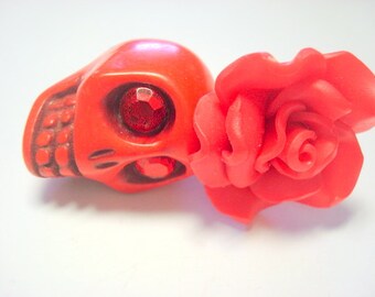 Red Hot Sugar Skull and Rose Day of the Dead Pendant or Ornament