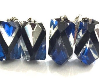 Vendome Art Glass Earrings, Deep Blue Black and Clear Crystal, Art Deco Style, Clip On Earrings, Silver Tone, Signed, Vintage Gift for Her