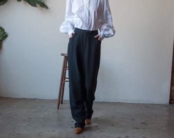 worsted wool black baggy trousers / pleated trousers / high waist pants / US 14 / 33 W / 3437t / B9