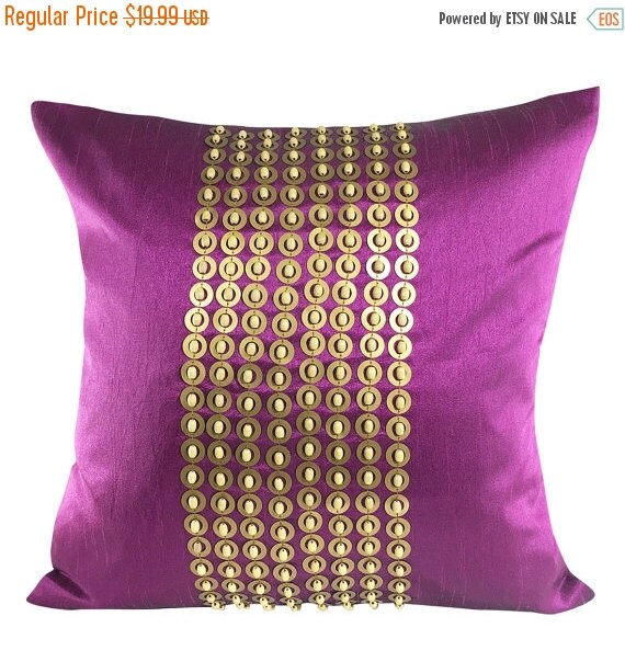 Purple Gold Decorative Pillow Cover With Gold Sequin and Wood