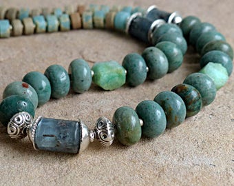 Shades of Green & Blue Chunky Bead Necklace/Kyanite Chrysoprase Jasper Heishi Sterling Silver . Rustic Boho Tribal Southwest Style Jewelry