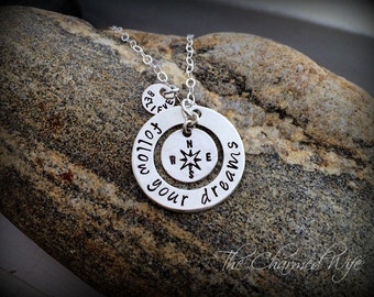 Graduation Necklace - Inspirational Graduation Jewelry- Follow Your Dreams - Compass Jewelry Hand Stamped Sterling Silver -Personalized