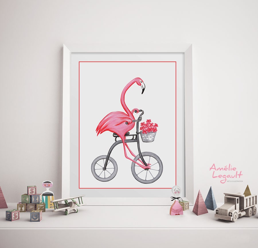Pink flamingo riding his bicycle print cycling flamingo 5 x