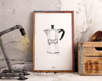 Moka Express: illustration in black and white drawing by pointillist technique risographie print