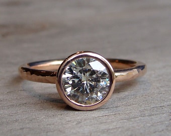Moissanite Engagement Ring - Forever One G-H-I - Recycled 14k Rose Gold, Hammered, Eco-Friendly, Diamond Alternative - Made to Order