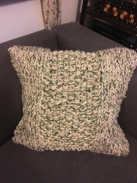 Handknit, Chunky oatmeal heather pillow. Removable cover for easy washing.