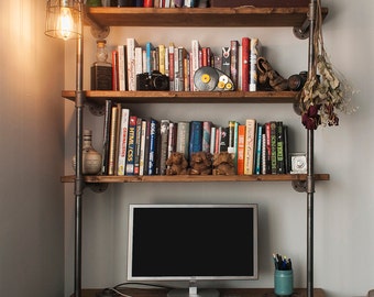Industrial pipe desk with shelving unit and built-in lamp