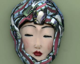 Polymer Clay OOAK Detailed Asian Art Doll Face with Faux Fabric Clay hat Cab ASN 11
