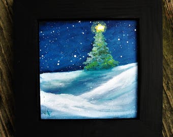 Mini oil painting/landscape/4x4/night/snow/winter