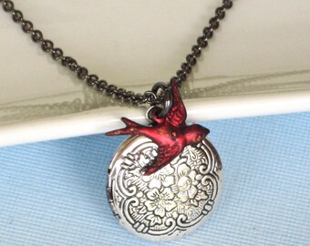 Red Bird Locket Necklace, Silver Locket, Small Locket, Cardinal, Keepsake Jewelry