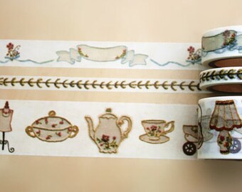 Washi Tape Set - Embroidery Tape Tea Set, Lamp, Clothes, Daily Necessities Washi Tape Vintage Masking Tape - 7m