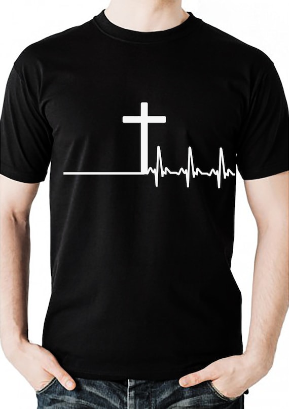 Men's christian tshirt with cross and heartbeat design