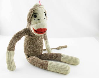 Sock Monkey With Great 'Stocking Cap', Face, Ears, Hands, Legs and Black Button Eyes - Vintage 1950s - Stuffed With Nylon Hosiery