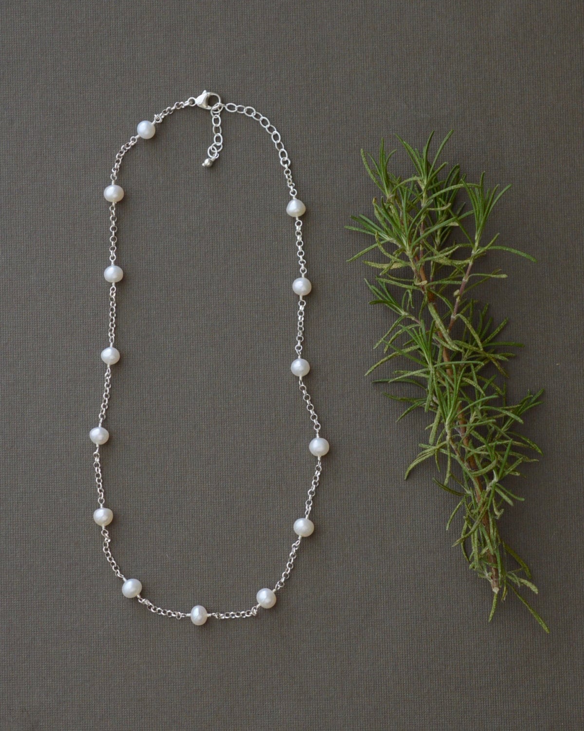 Pearl Station Necklace / Sterling Silver Pearl Necklace