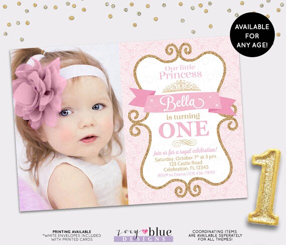 Princess Birthday Invitation Girl Gold Glitter Pink Gold