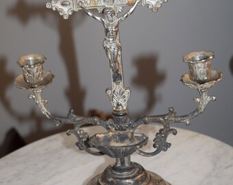 Antique Devotional Crucifix Candelabra with Holy Water Cup Sku: C219