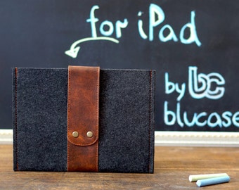 Felt iPad Mini Case with Leather strap closure. Leather Cover for iPad Mini 1 2 3 4. iPad Mini Sleeve Bag with felt & leather