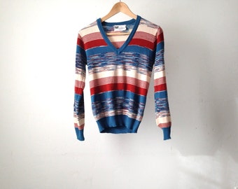 vintage STRIPED sweater blue & red grunge club kid 70s warm sweater shirt v-neck top