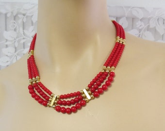 Red and Gold Beaded Necklace Multi strand - Glass beads