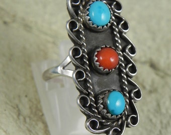 Native American Turquoise Coral Sterling Silver Ring